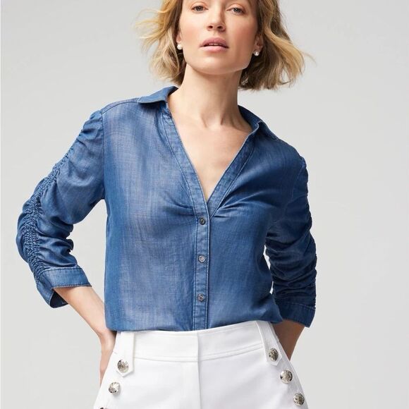 White House Black Market Elbow Sleeve Smocked‎ Denim Shirt size 2 NWT - Picture 1 of 8